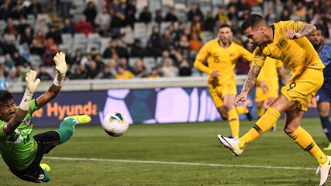 Maclaren slots his third goal against Nepal. Picture: AAP