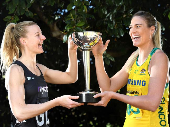 Captains Katrina Grant and Caitlin Bassett with the Constellation Cup. Picture: Tricia Watkinson.