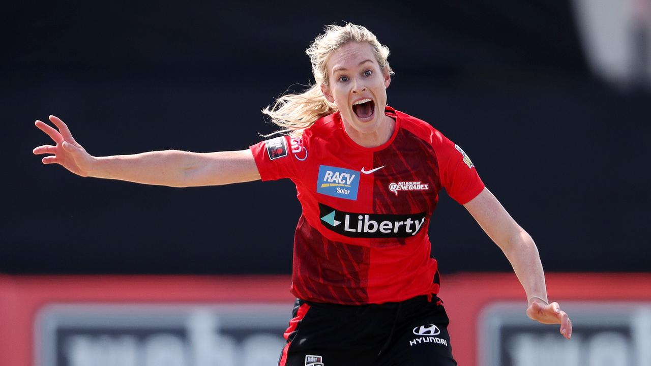 Holly Ferling of the Melbourne Renegades appeals for the wicket of Dane Van Niekerk.