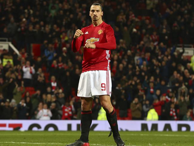 Manchester United's Zlatan Ibrahimovic celebrates after scoring his sides fourth.