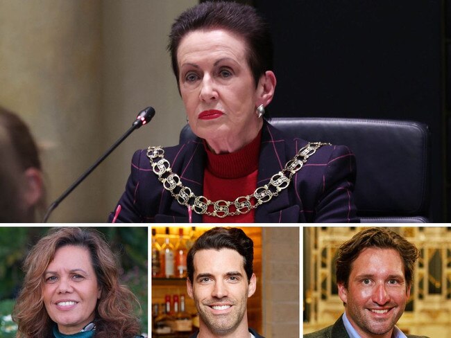 Clockwise from main: Sydney City’s Lord Mayor Clover Moore addresses council at the Town Hall on Monday night; Liberal candidate Lyndon Gannon; Labor candidate Zann Maxwell; independent candidate Yvonne Weldon.