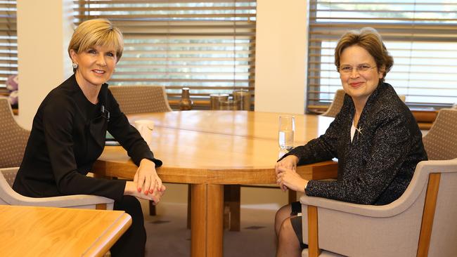 Foreign Affairs Minister Julie Bishop with.with Frances Adamson, the Secretary of the Department of Foreign Affairs and Trade in Canberra. Picture: Kym Smith