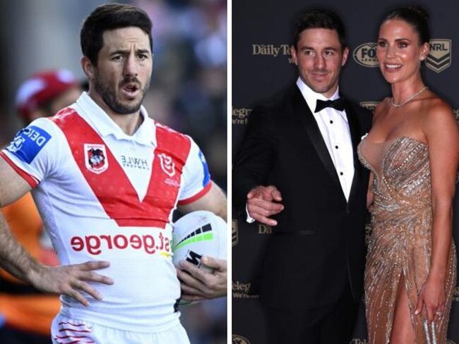 Ben Hunt at the Dragons and with wife Bridget. Photos: Supplied/Getty Images