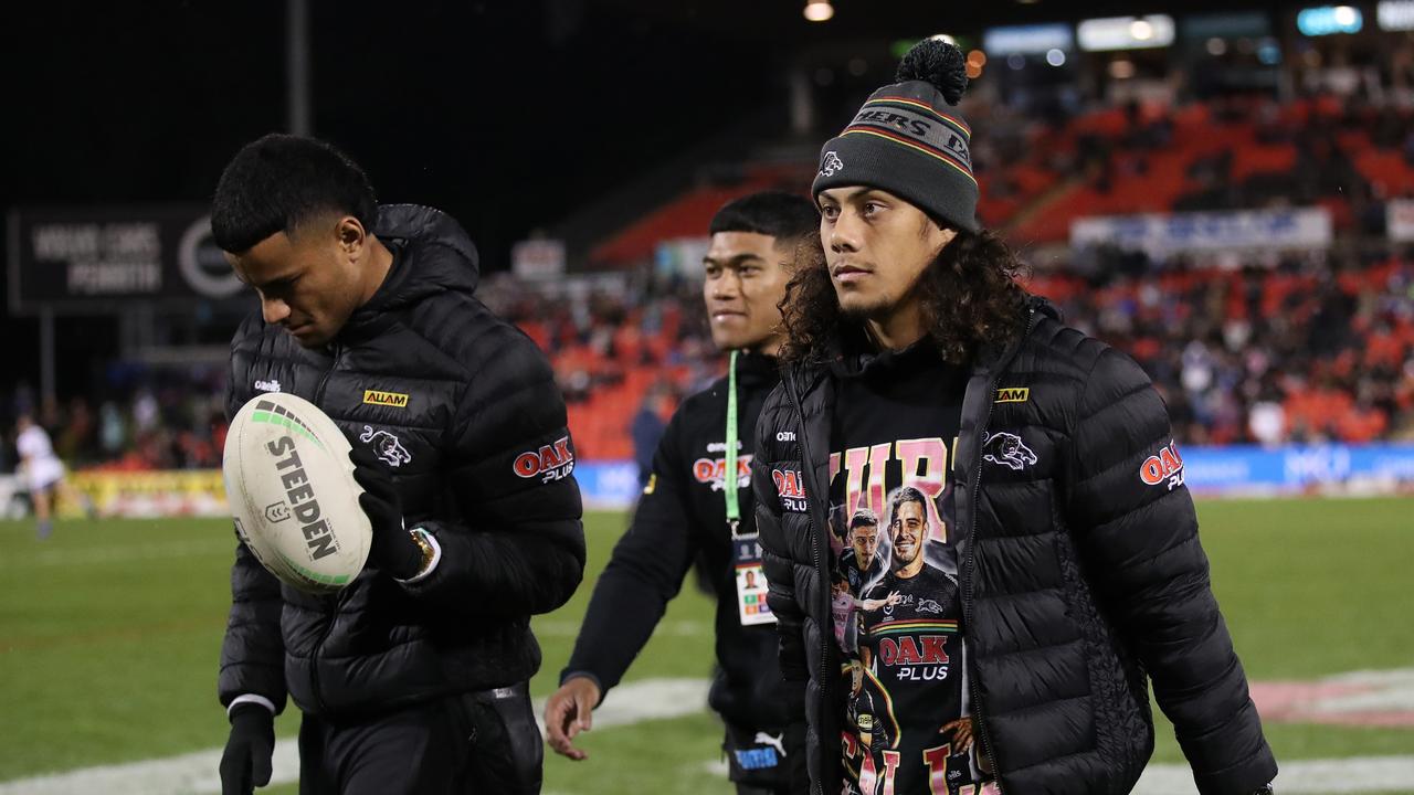 The Panthers’ Origin contingent were back in Penrith and Jarome Luai showed off his Kurt Falls. Picture: Getty Images.