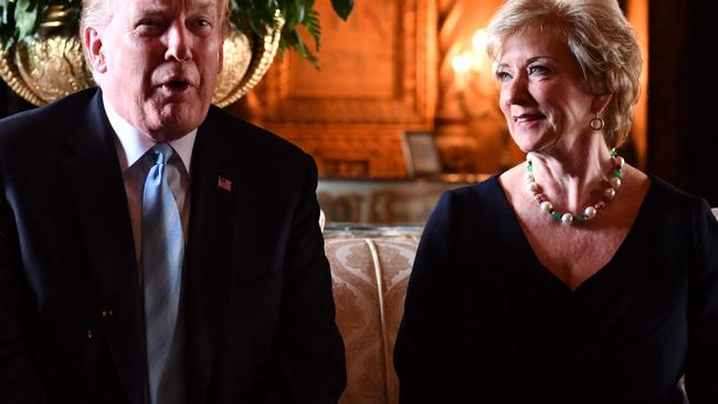 (FILES) US President Donald Trump speaks at a press conference with Linda McMahon, head of Small Business Administration, March 29, 2019 at Trump's Mar-a-Lago estate in Palm Beach, Florida. US President-elect Donald Trump announced on November 19, 2024 his intention to nominate Linda McMahon, former Administrator of the Small Business Administration, as the United States Secretary of Education. (Photo by Nicholas Kamm / AFP)