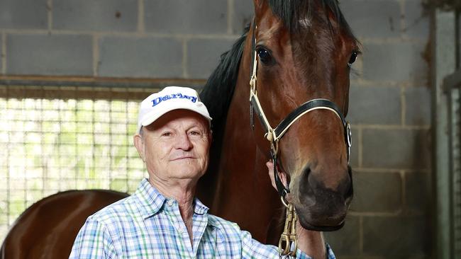 DAILY TELEGRAPH. SEPTEMBER 27, 2022.Pictured is Horse Trainer David Payne with Hill Stakes favourite Montefilia at Payne Stables in Rosehill today. Picture: Tim Hunter.
