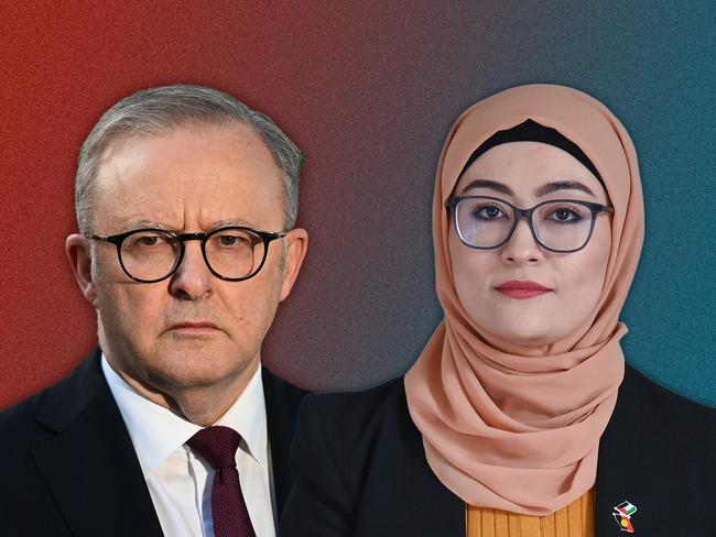 12 July 2024; Photo comp of Fatima Payman and Anthony Albanese on a coloured background. Collage. Sources supplied. Ratio 16:9.