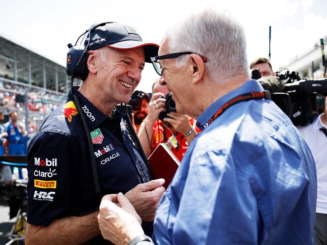 MIAMI, FLORIDA - MAY 04: Adrian Newey, the Chief Technical Officer of Oracle Red Bull Racing talks with Piero Ferrari on the grid prior to the Sprint ahead of the F1 Grand Prix of Miami at Miami International Autodrome on May 04, 2024 in Miami, Florida.   Chris Graythen/Getty Images/AFP (Photo by Chris Graythen / GETTY IMAGES NORTH AMERICA / Getty Images via AFP)