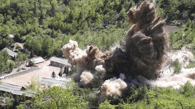 Command post facilities of North Korea's nuclear test site are blown up in Punggye-ri,  Picture: Korea Pool/Yonhap via AP.