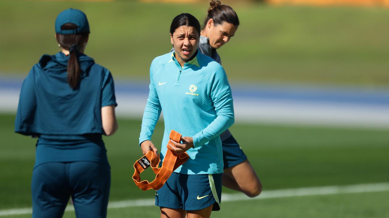 Sam Kerr arrives for Matildas training in Brisbane on Sunday. Picture Lachie Millard