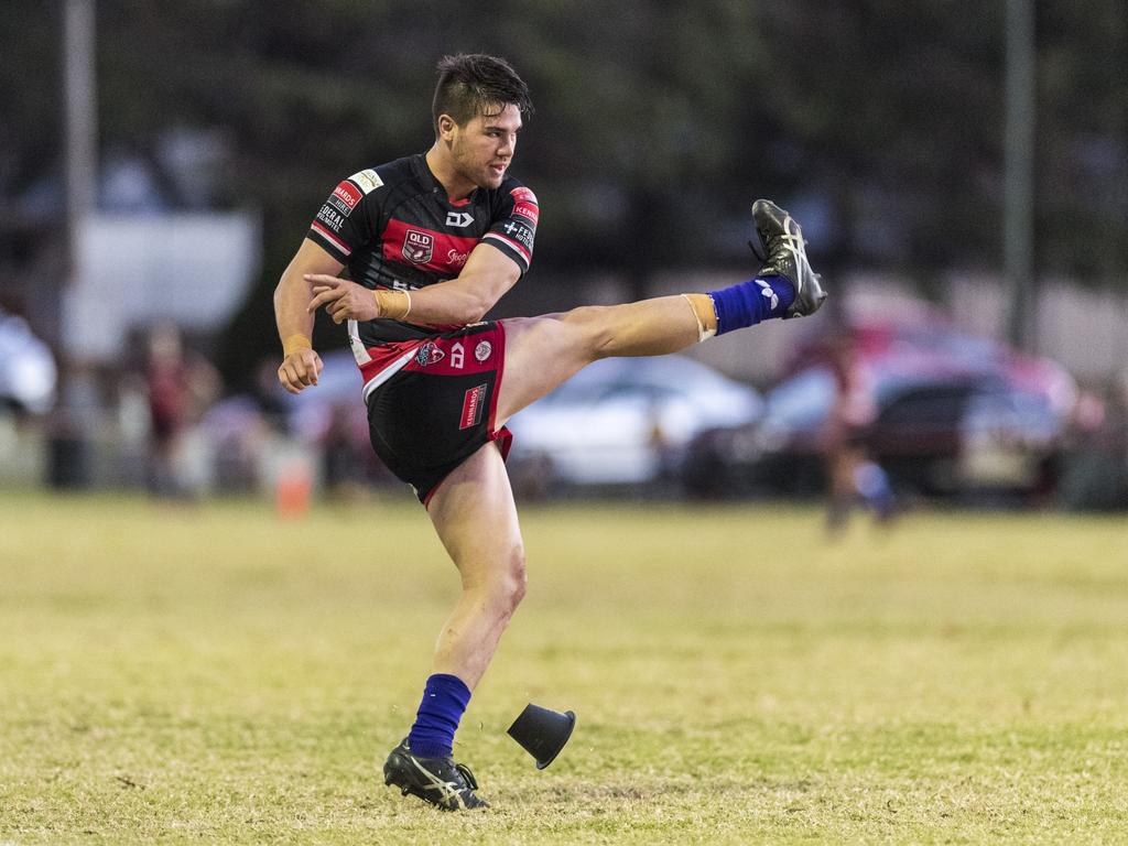 Daniel Bain converts for Valleys against Oakey in TRL A grade round 10 rugby league at Herb Steinohrt Oval, Sunday, June 20, 2021. Picture: Kevin Farmer