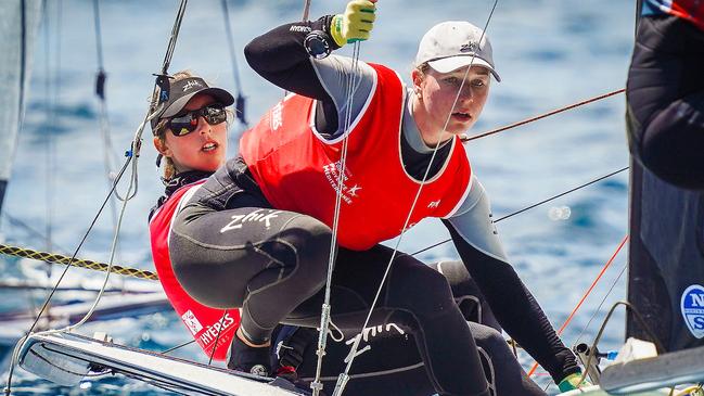 Olivia Price, left, and Evie Haseldine, right, are on the Australian team heading to the Paris Olympics. Picture: Sailing Energy/Semaine Olympique Française