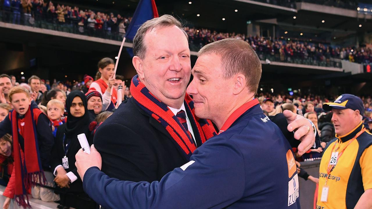 Glen Bartlett hugs Simon Goodwin after a win in 2018.