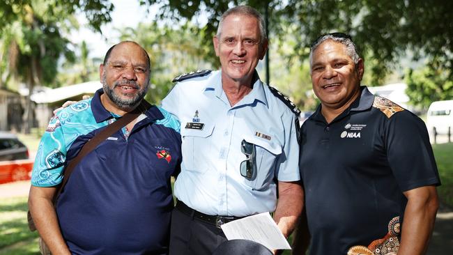 Kirgir Omaskir has held a commemorative service for the eight children killed by Raina Thaiday at Murray Street, Manoora, 10 years ago. Nick Wymarra, Inspector Brad Winks and Michael White were all involved in the first response to the murders, and attended the service in Murray Street Park. Picture: Brendan Radke