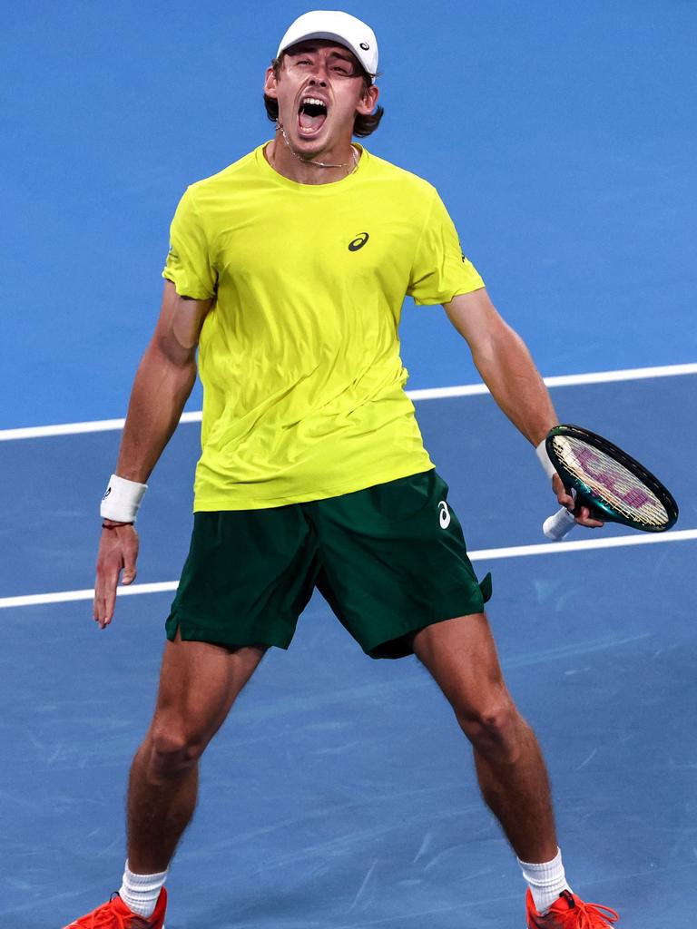 Australia's Alex de Minaur celebrates his victory against Germany's Alexander Zverev during the 2023/24 United Cup on Ken Rosewall Arena in Sydney. Picture: David Gray / AFP