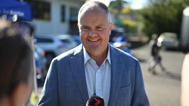 Incumbent LNP Member for Fairfax Ted O'Brien talks to media during on federal election day, May 3, 2025.