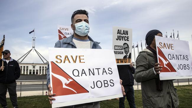 Qantas staff during a protest out the front of Parliament House in Canberra. Picture: NCA NewsWire / Gary Ramage