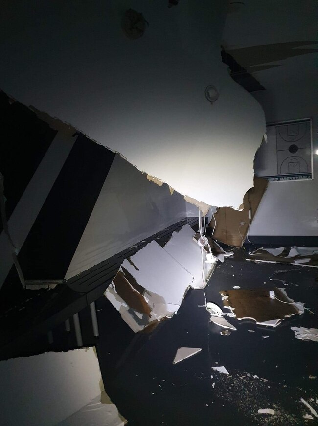 The roof in the bathroom collapsed under the weight.