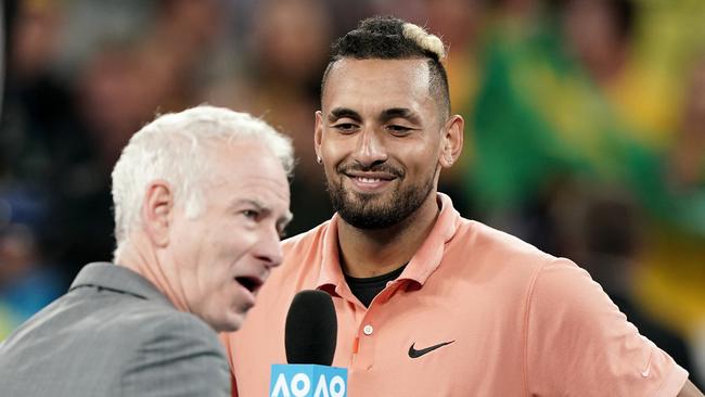 Nick Kyrgios of Australia (right) is interviewed by John McEnroe. Picture: AAP