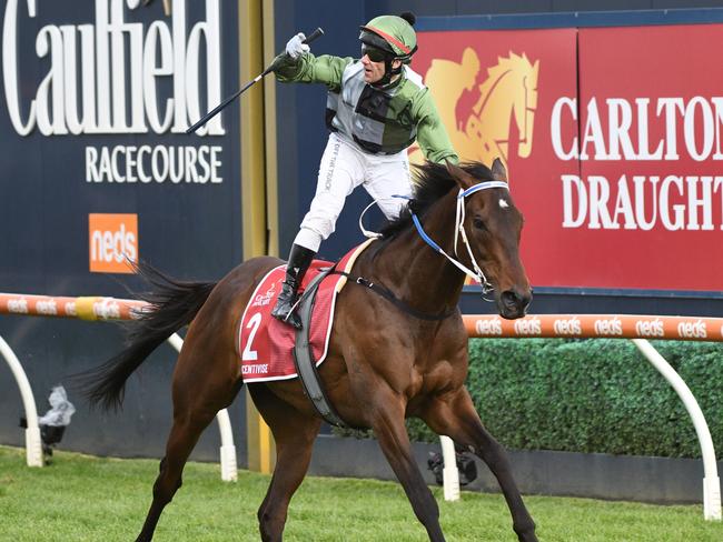 MELBOURNE, AUSTRALIA - OCTOBER 16: Brett Prebble riding Incentivise winning Race 9, the Carlton Draught Caulfield Cup, during Caulfield Cup Day at Caulfield Racecourse on October 16, 2021 in Melbourne, Australia. (Photo by Vince Caligiuri/Getty Images)