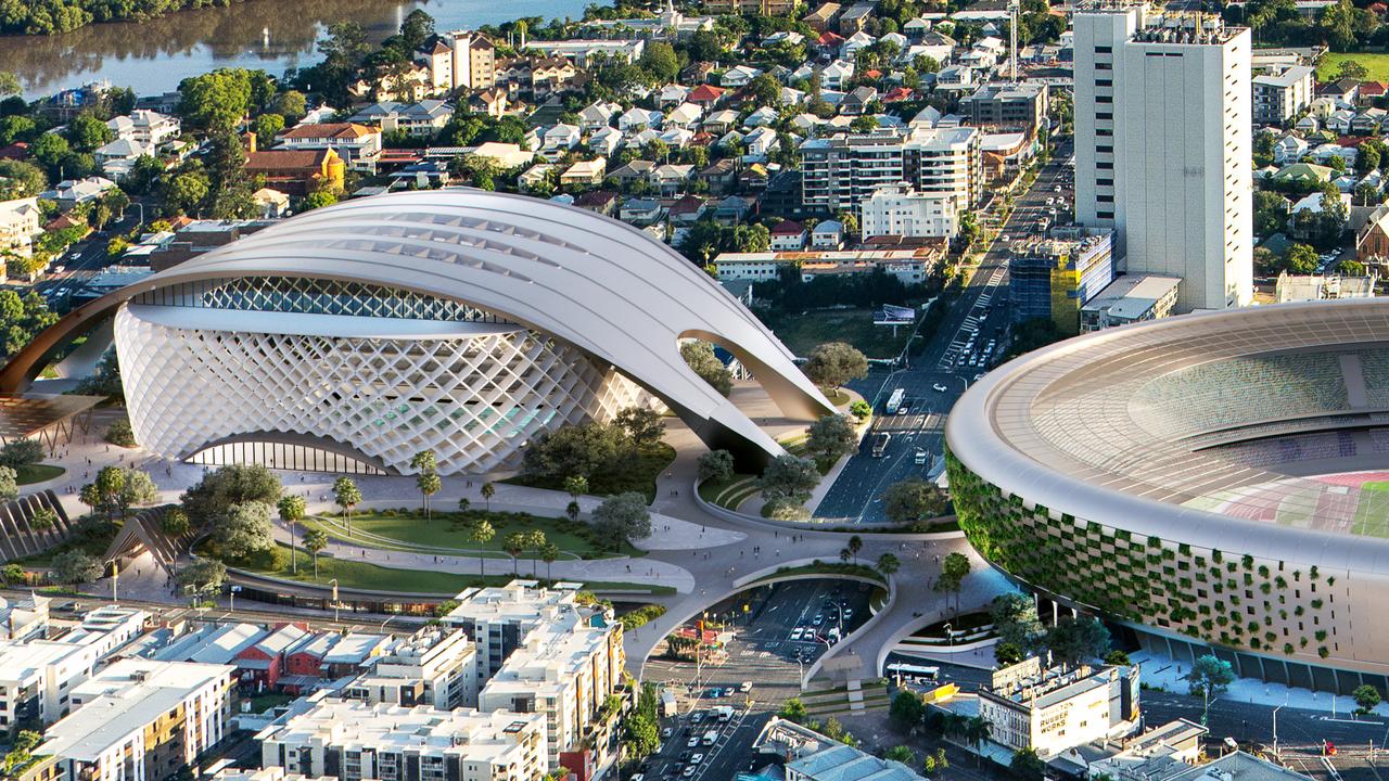 HAL Architects’ concept for Brisbane Arena (left) adjoining a rebuilt Gabba.