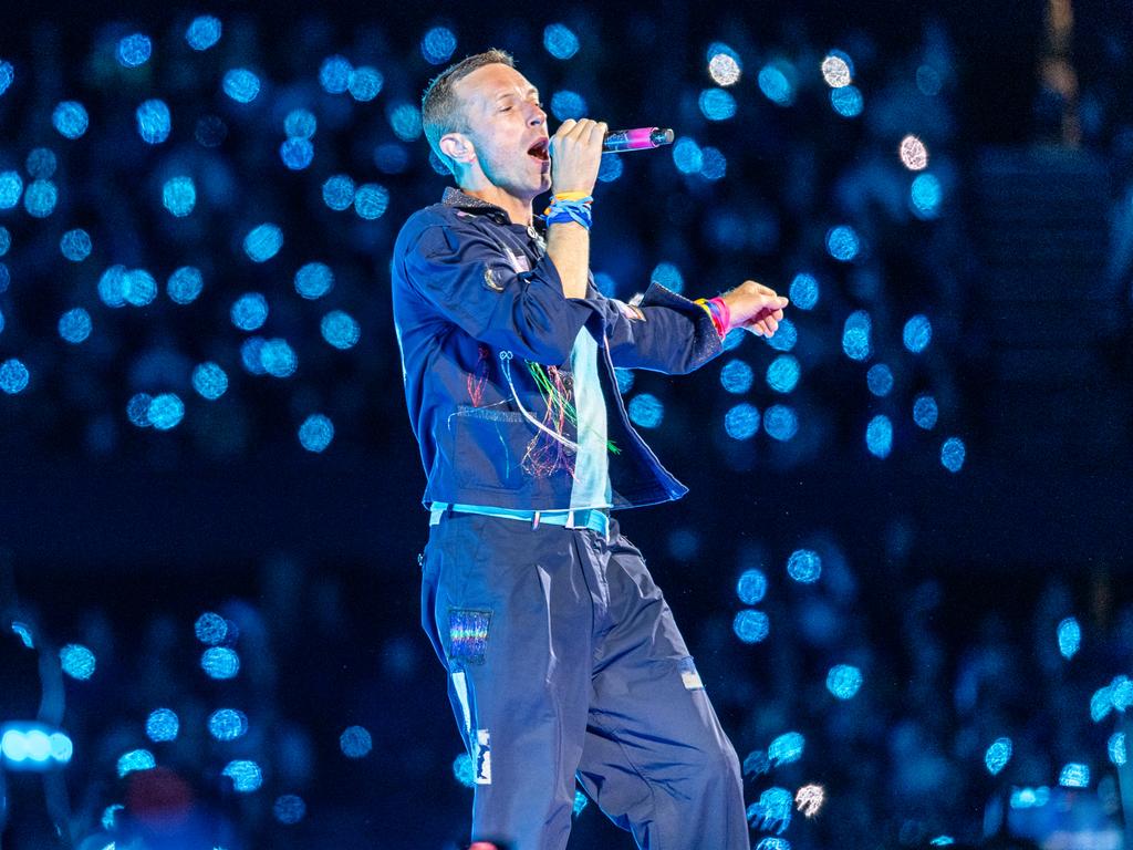 Coldplay frontman Chris Martin performs at Marvel Stadium. Picture: Jake Nowakowski