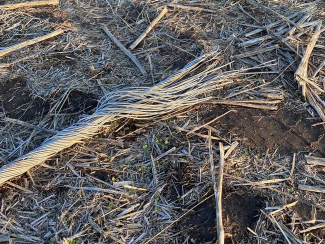 The severed electricity transmission line north of Cressy, Victoria. A severe storm caused the damage on January 31, 2020. Picture: Supplied/Chris Cutajar