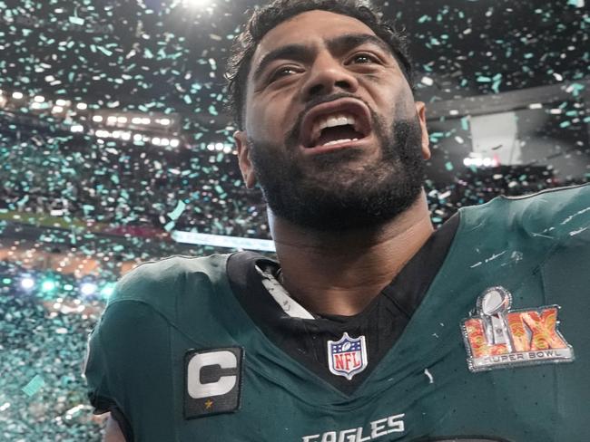 Philadelphia Eagles offensive tackle Jordan Mailata (68) celebrates after defeating the Kansas City Chiefs in the NFL Super Bowl 59 football game, Sunday, Feb. 9, 2025, in New Orleans. (AP Photo/Doug Benc)