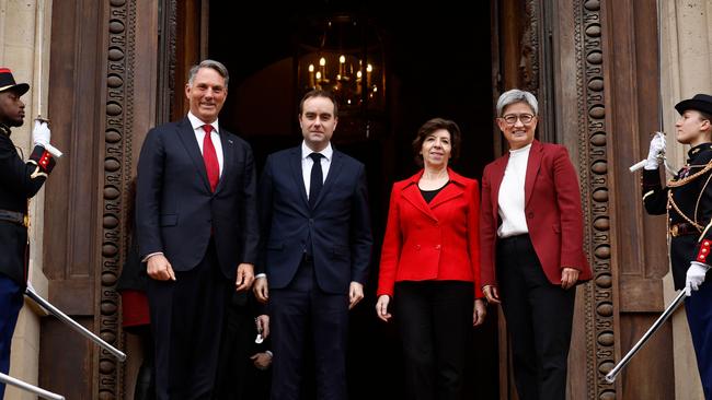 Richard Marles, French Armies Minister Sebastien Lecornu, French Foreign and European Affairs Minister Catherine Colonna and Penny Wong pose prior to their joint meeting at Quai d’Orsay in Paris. Picture: AFP