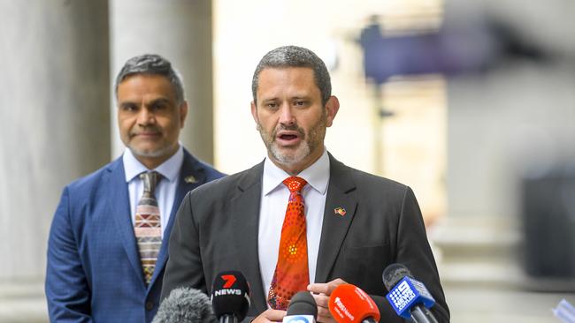 Aboriginal Affairs Minister Kyam Maher, right, and Dale Agius Commissioner for First Nations Voice to Parliament and the Commissioner's engagement report. Picture: Roy VanDerVegt