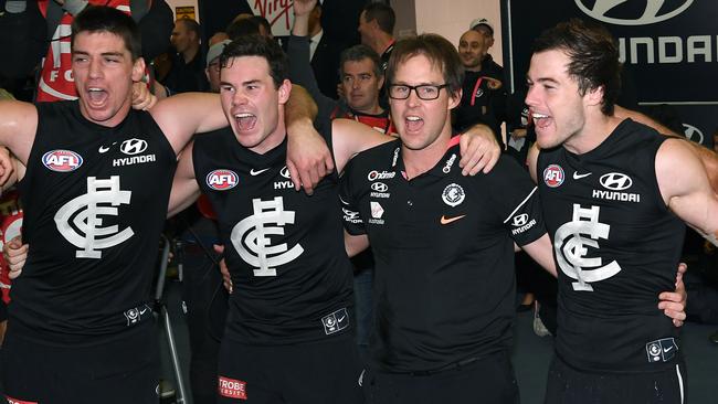 Interim coach David Teague celebrates his first win as Carlton coach in Round 12. Picture: Quinn Rooney/Getty Images.