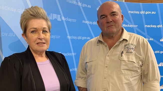 Councillor Fran Mann (left) and Councillor Martin Bella following the vote to introduce random drug and alcohol testing for Mackay councillors on August 24. Picture: Duncan Evans