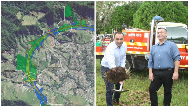 Sod turning for the Coffs Harbour bypass and an image of properties to be acquired along the proposed bypass route.