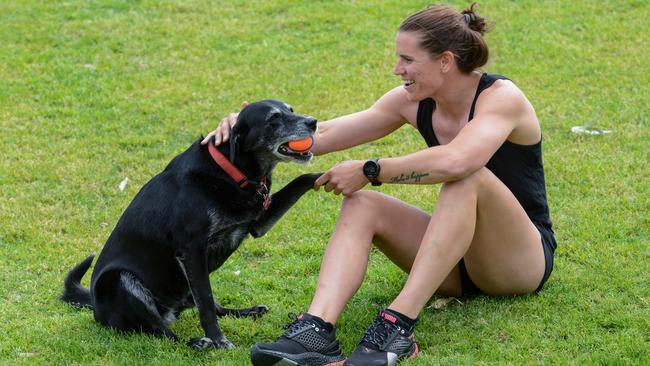 Crows AFLW captain Chelsea Randall and her dog Koda. Picture: Brenton Edwards