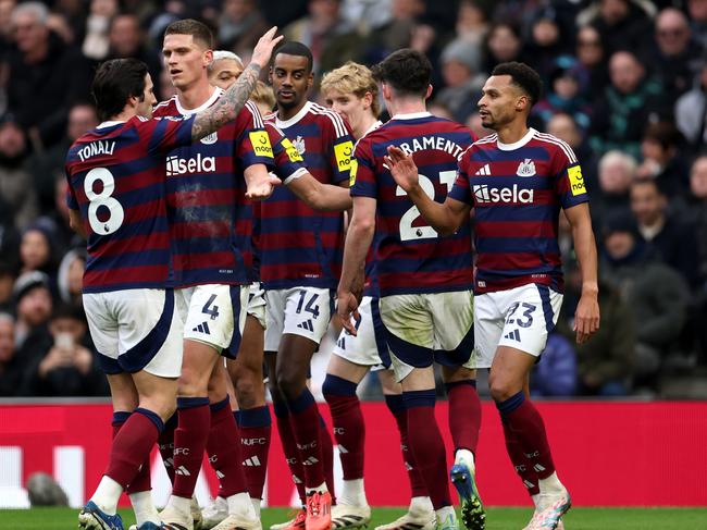 Alexander Isak celebrates his team's second goal with Newcastle teammates. Picture: Getty Images