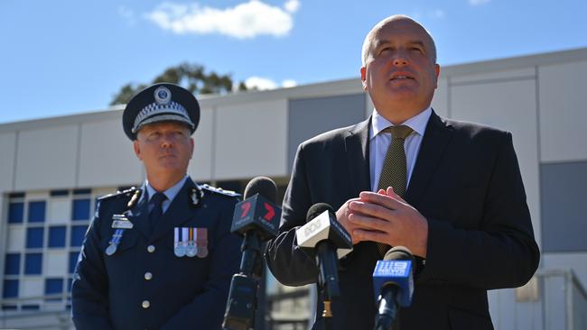 NSW Police Commissioner Mick Fuller and Minister Police and Emergency Services David Elliott. The NSW Government is looking to strengthen regulations around violent criminals and outlaw bikie gangs from obtaining tattoo licences. Picture: NCA NewsWire / Steven Saphore