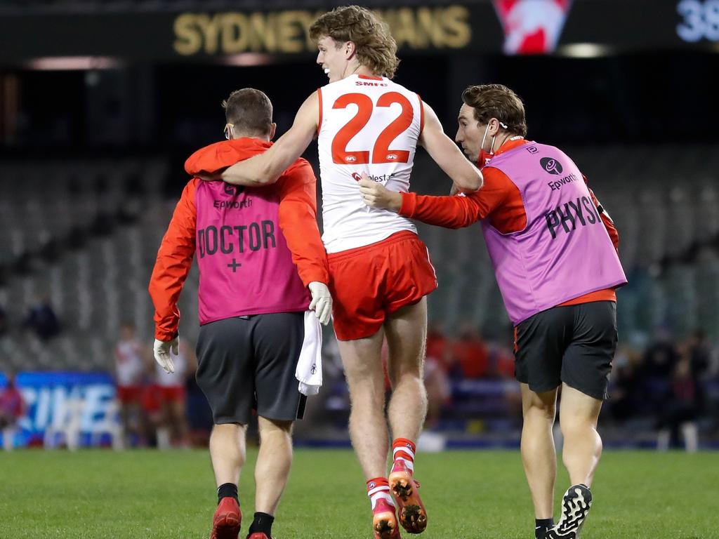 Blakey was helped off the field after picking up an ankle injury. (Photo by Michael Willson/AFL Photos via Getty Images)