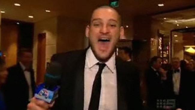 Brendan Fevola behaving badly at the 2009 Brownlow Medal award ceremony while working for Channel 9. Picture: Channel 9