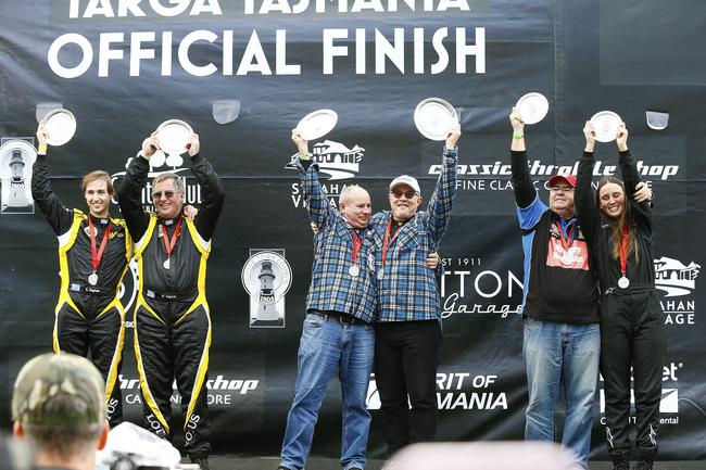 Targa Tasmania finishes at Macquarie Wharf 2. (L-R) Peter and Tristan Taylor of N.S.W, Darryl and Peter Marshall of Queensland, Steve and Heather Brumby. Picture: MATT THOMPSON.