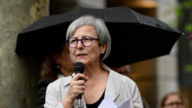 Former SBS presenter Mary Kostakidis speaks during a rally in Sydney. Picture: AAP