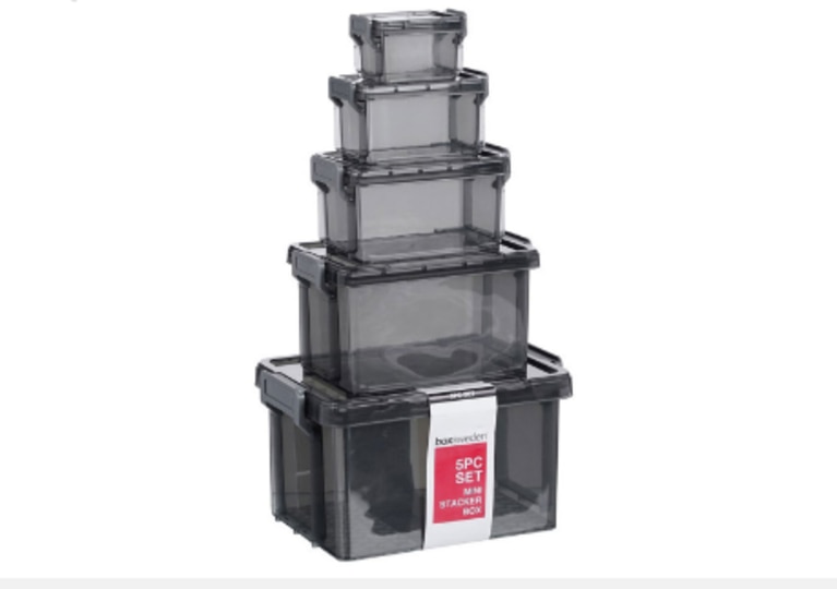 Black stacked plastic storage containers Picture: Supplied