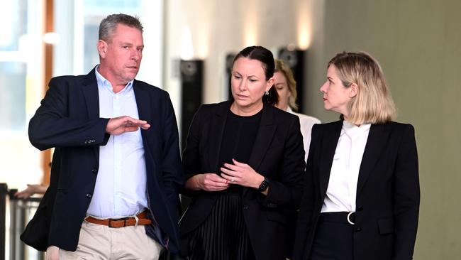 Defence barrister Ruth O’Gorman (right) speaking with supporters of Jonah Francois Charpentier outside Brisbane Supreme Court. Picture: NewsWire / John Gass