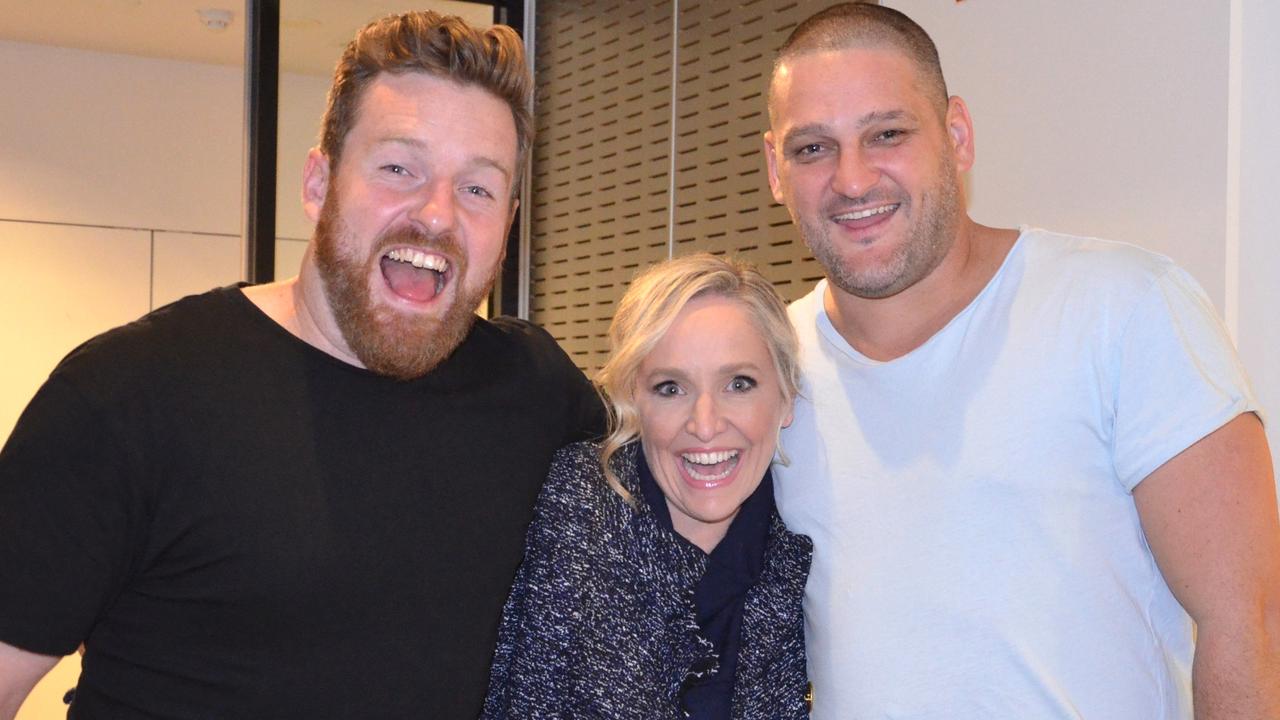 Nick Cody, Fifi Box and Brendan Fevola from Fox FM. Picture: Fiona Byrne