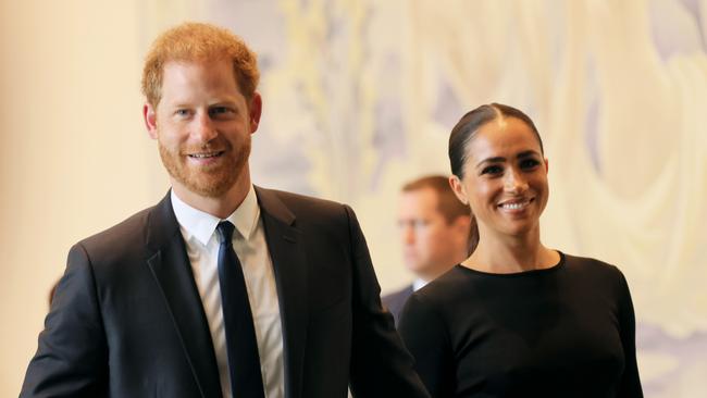 Prince Harryand Meghan arrive at the United Nations headquarters. Picture: Getty Images.