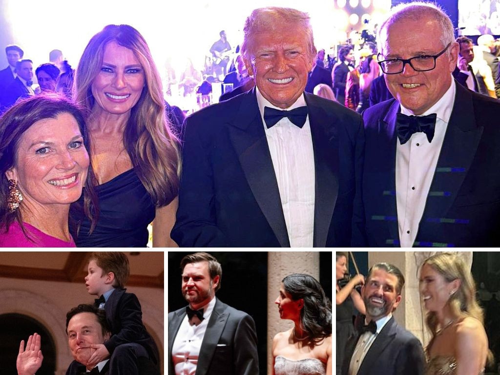 Clockwise from top: Scott and Jenny Morrison with Donald and Melania Trump; Donald Trump Jnr and new girlfriend Bettina Anderson; JD Vance and Usha Chillukiri Vance; Elon Musk and son X.