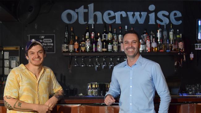 Events Manager of Otherwise Bar on Flinders Street Nathan Hurdle with Townsville MP Adam Baillie. Picture: Nikita McGuire