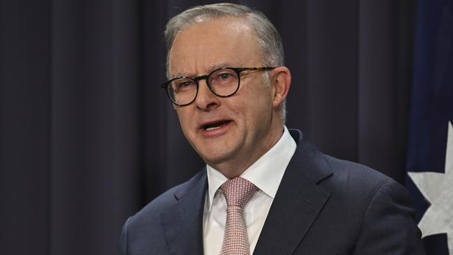 CANBERRA, AUSTRALIA, NewsWire Photos. APRIL 16, 2024: The Prime Minister, Anthony Albanese, Director-General of Security of ASIO, Mike Burgess, and the Commissioner of the Australian Federal Police, Reece Kershaw hold a press conference at Parliament House in Canberra. Picture: NCA NewsWire / Martin Ollman