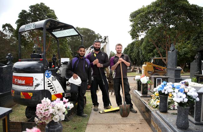 Rookwood Cemetery’s grave diggers Andrew Jasmin, of The Ponds, Aziz Nanouh, of Hurstville, and Cory Brown, of Revesby. Picture: Justin Sanson