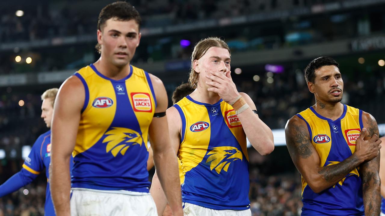 MELBOURNE, AUSTRALIA - MAY 12: Harley Reid of the Eagles looks dejected after a loss during the 2024 AFL Round 09 match between the Collingwood Magpies and the West Coast Eagles at Marvel Stadium on May 12, 2024 in Melbourne, Australia. (Photo by Michael Willson/AFL Photos via Getty Images)