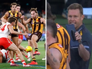 Jack Scrimshaw copping a bake from Sam Mitchell. Photos: Getty Images/Fox Sports